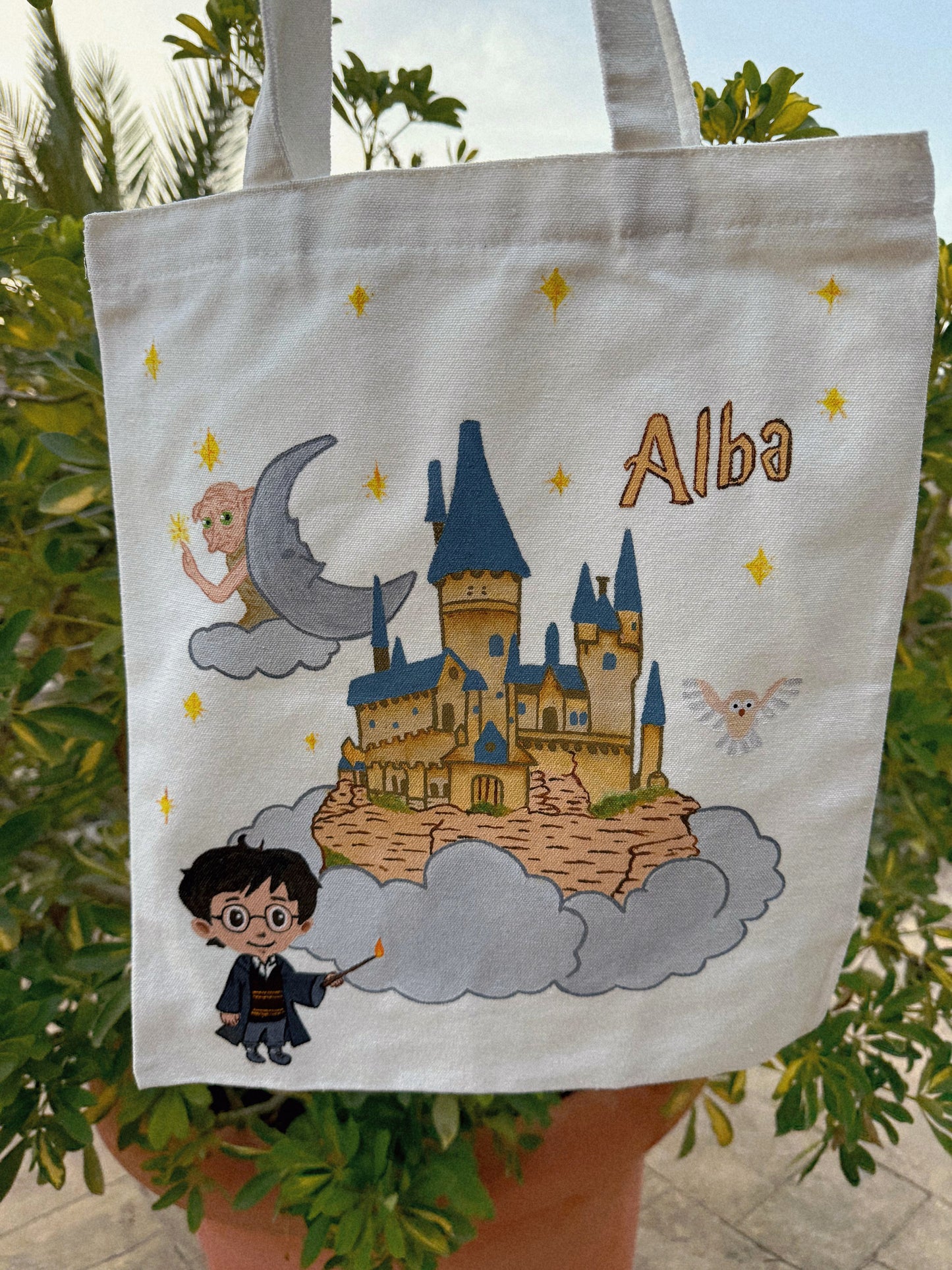 Tote Bag Harry Potter Personalizada Pintada a Mano – Bolsa de Algodón Reutilizable